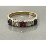 Ladies 14ct gold 5 stone set ring featuring sapphires ruby and cz 3.1g size p