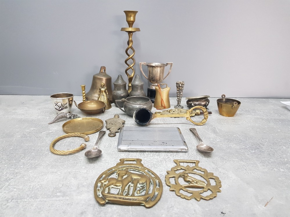 A Quantity of brass pewter and other metal includes candlestick cigarette holder salt and pepper