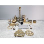 A Quantity of brass pewter and other metal includes candlestick cigarette holder salt and pepper