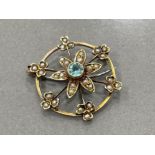 Antique 9ct gold aquamarine and pearl flower cluster brooch