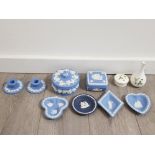 Collection of wedgwood jasper ware including large trinket box, candlestick holders and ashtray,