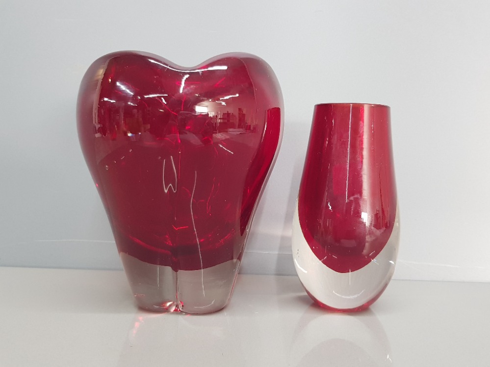 Large cased ruby whitefriars molar 5.5 inch vase together with whitefriars 4.5 inch ruby cased clear