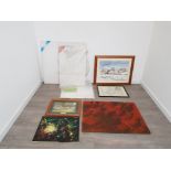 Selection of unused canvases with framed prints and a oil painting by eddie lowdon etc