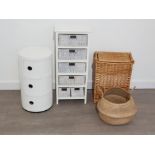 Various items including a metal sliding door 3 part unit, wicker basket and a wood framed wicker