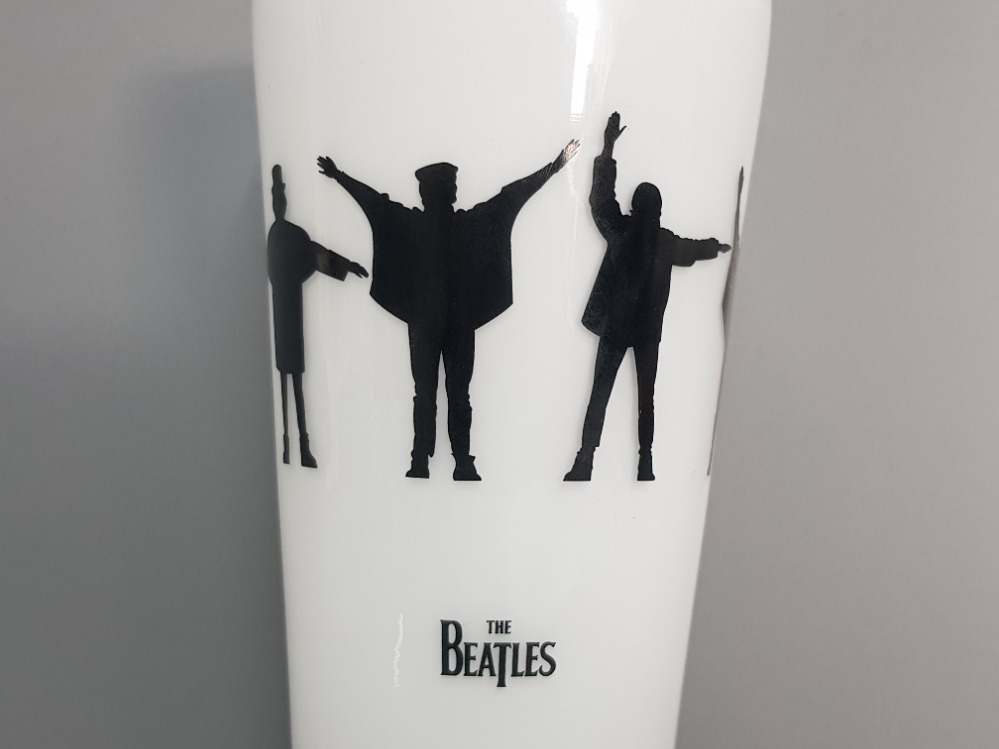 Nybro Sweden beatles help cased white glass vase 9.8 inch high with the Beatles semaphore design - Image 2 of 3