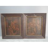 A pair of antique oils on board of domestic and tavern scenes 25cm by 32cm