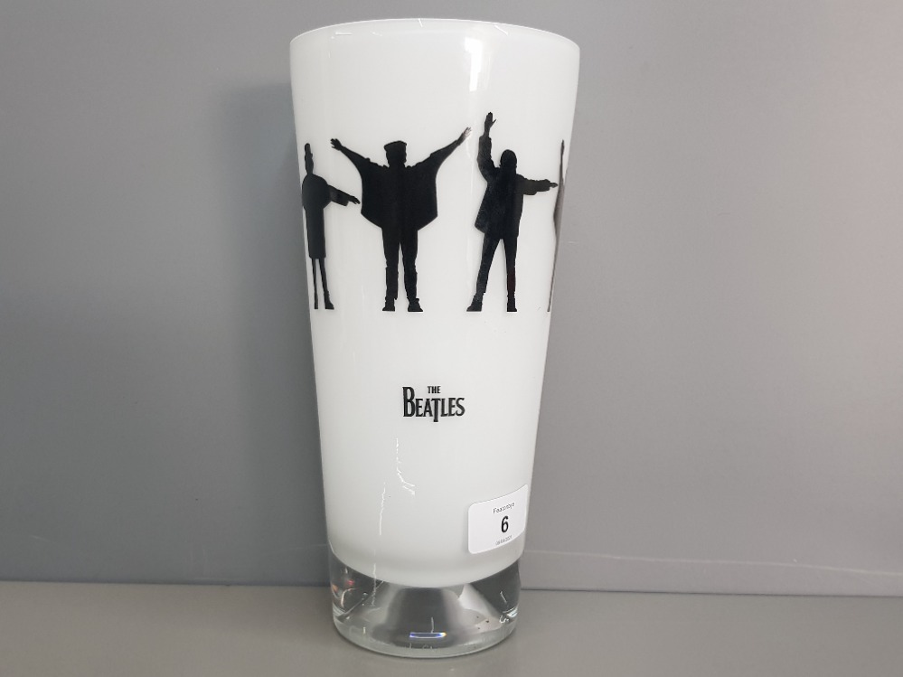 Nybro Sweden beatles help cased white glass vase 9.8 inch high with the Beatles semaphore design