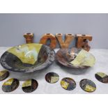 Modern wooden love tealights together with 2 large bowls and 8 coasters