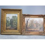 2 gilt framed oil paintings one on canvas one on board one indistinctly signed