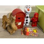 Box of mixed toys, dvds, carved wooden dragon and novelty postbox etc