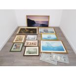 Collection of framed prints includes sailing and paris scenes also to include air balloon tapestry