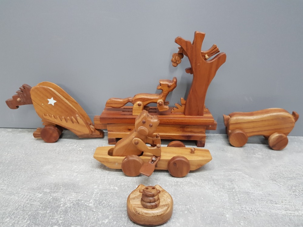 4 carved hardwood mechanical moving animal toys includes foxb3ith grapes and eagle