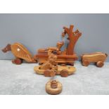 4 carved hardwood mechanical moving animal toys includes foxb3ith grapes and eagle