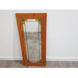 Art deco style Pine framed mirror with lead and coloured glass 107 x 46 cm