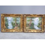 A pair of signed oils on boards of waterfalls in forest with mountainous background both signed