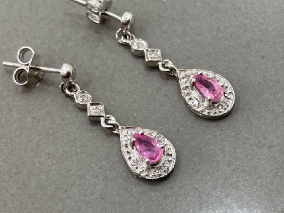 Ladies 9ct white gold pink stone diamond drop earrings