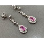 Ladies 9ct white gold pink stone diamond drop earrings