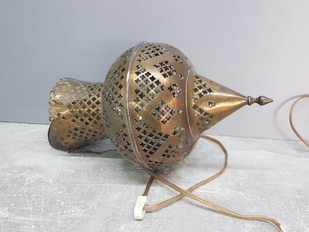 2 hanging wall light shades one of Persian style in pierced brass the other brass case blown - Image 2 of 3