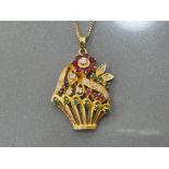 Ladies 18ct gold ornate flower and basket design pendant set with diamond, rubies, emeralds and
