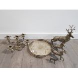 Collection of metal ware includes stag and horse ornaments and candle stick, also to include small