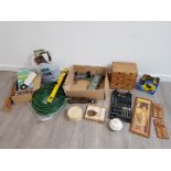 Mixed items including halfords digital tyre inflator , garden hose and a selection of tools etc