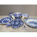 Collection of blue and white items to include masons bowl liberty blue Staffordshire dish etc