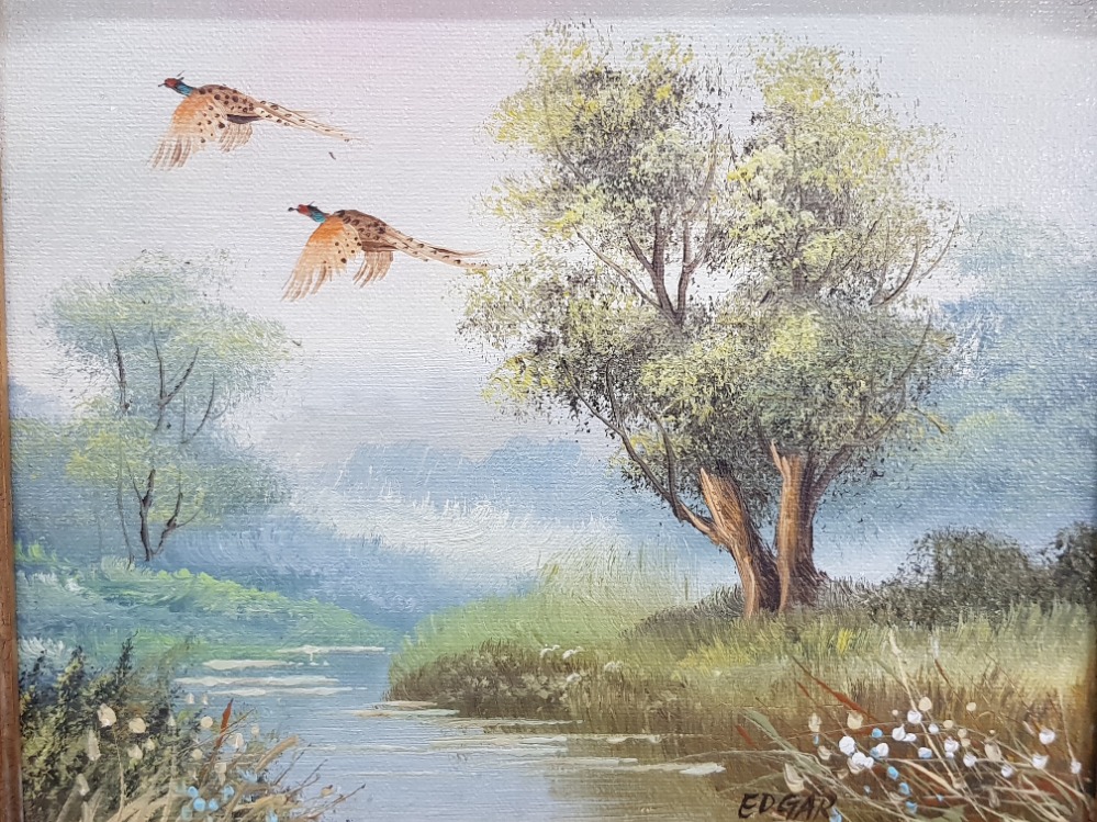 2 oils on board includes pheasants in flight over a moorland stream signed edgar 24cm by 29cm - Image 2 of 5