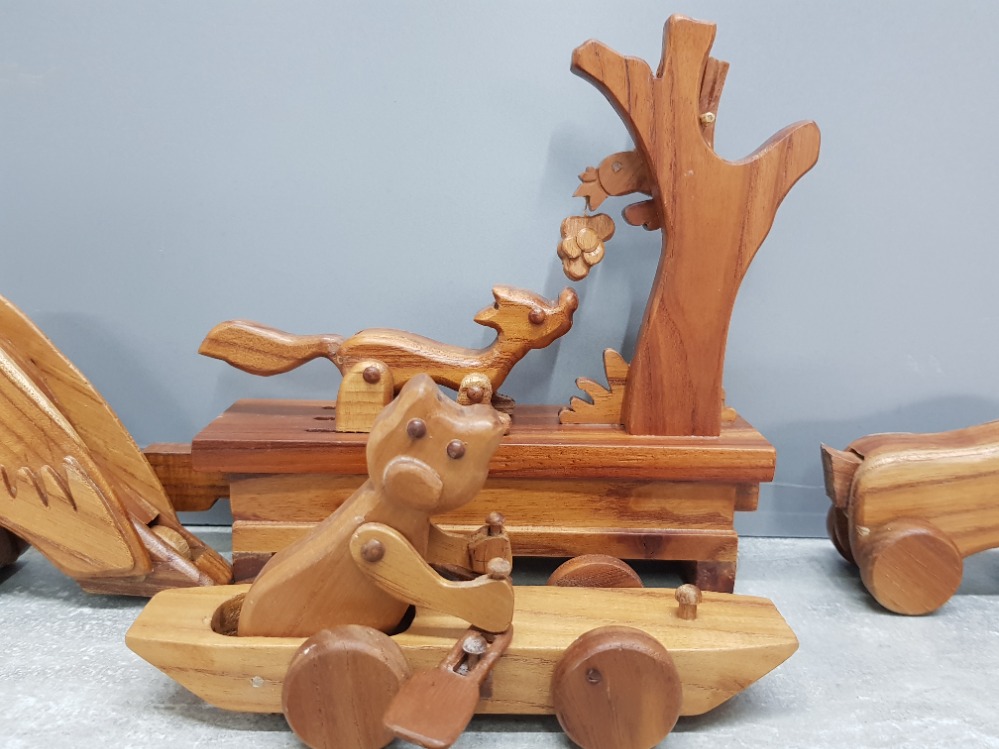 4 carved hardwood mechanical moving animal toys includes foxb3ith grapes and eagle - Image 2 of 2