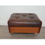 Vintage danish teak brown leather seated stool on castors