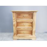 Pitch pine 3 drawer bedside chest 55cm by 67cm by 40cm