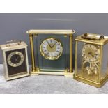 Time master carriage clock together with 2 Acctim brass effect clocks mantle and anniversary