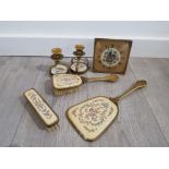 Petite point dressing table set comprising 2 brushes, a mirror candlesticks and matching clock etc