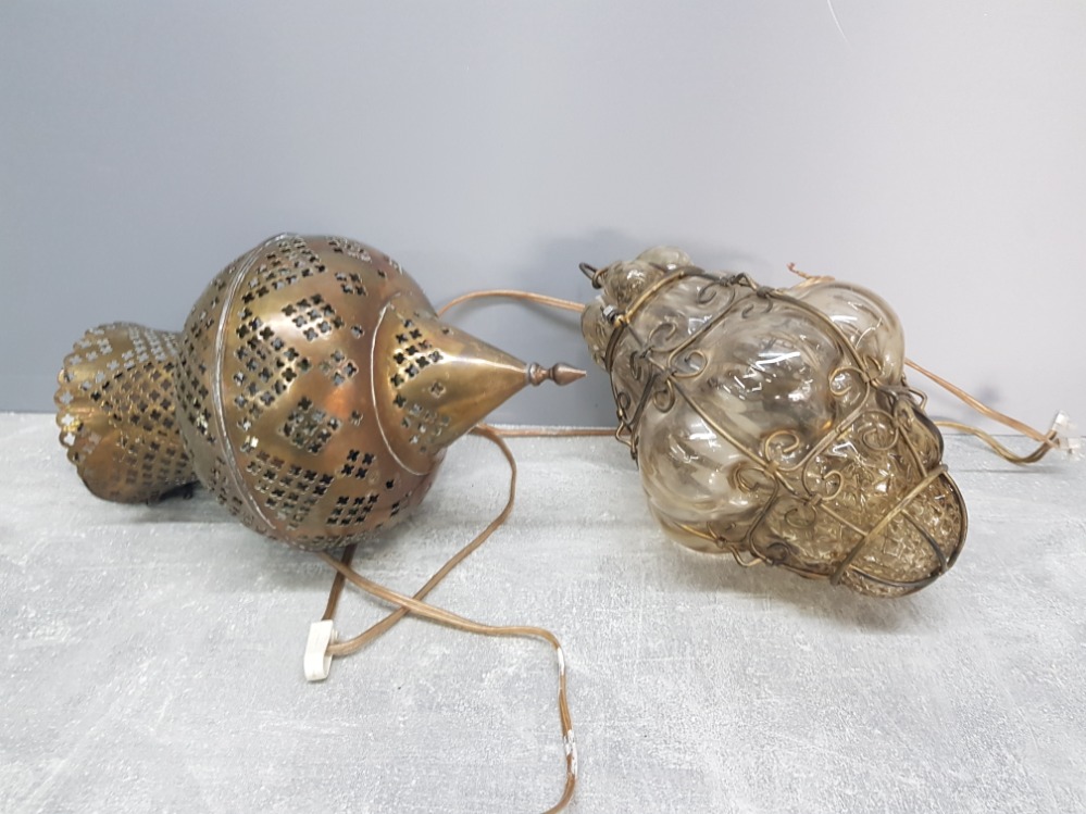 2 hanging wall light shades one of Persian style in pierced brass the other brass case blown