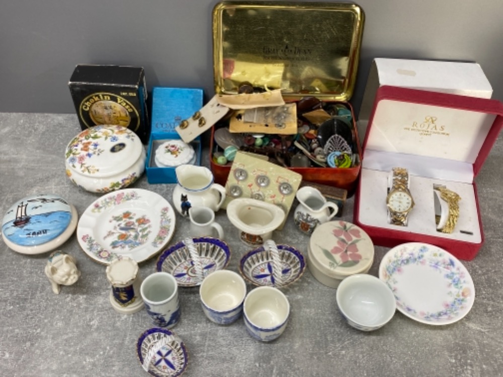 Mixed lot of vintage buttons, tea China inc Wedgwood and Aynsley plus wristwatches