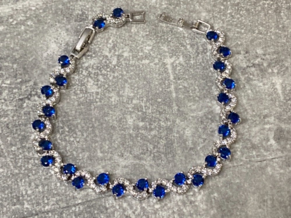 Silver blue and white CZ set line bracelet, 12.6g