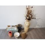 A mixed lot containing vases, artificial flowers and brass light up flower lamp etc