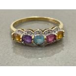 Ladies 9ct gold multi stone set ring with diamonds amethyst ruby and citrines 1.9g size p1/2