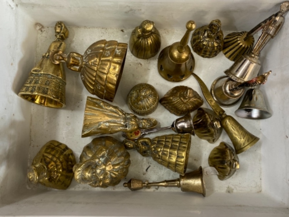 Box of vintage brass bells mainly ladies