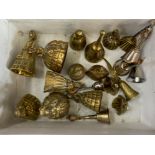 Box of vintage brass bells mainly ladies