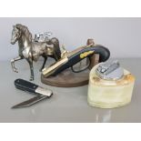 3 large novelty table lighters includes onyx, horse and flint lock pistol on stand also includes