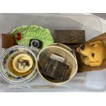 Box of miscellaneous to include Carlton ware, Doulton plates, dog coat hanging key rack from the