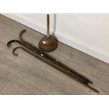 Vintage copper laundry poss stick and 3 wooden walking sticks