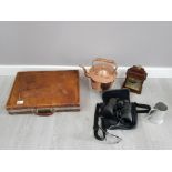 Collection of mixed items includes leather briefcase, copper kettle and minolta binoculars etc