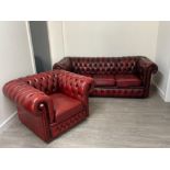 Red leather chesterfield 3 seater sofa and matching tub chair in ox blood