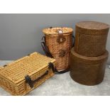 Wicker picnic basket together with wicker wine bottle carrier and 2 lidded boxes