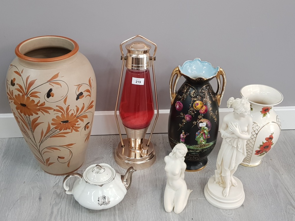 Collection of pottery including a large vase 2 lady figures and tea pot etc