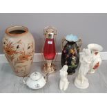 Collection of pottery including a large vase 2 lady figures and tea pot etc