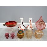 Large lot of glass to include red italian compote pair of white spatter ware vases jack in the