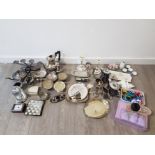 Large collection of silver plated items includes German 4 way candlestick holder, 3 piece tea pot