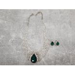 Green and white diamante necklet and earrings